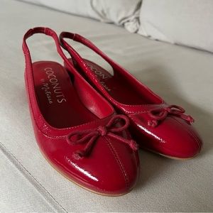 Red Patent sling back flats short heeled